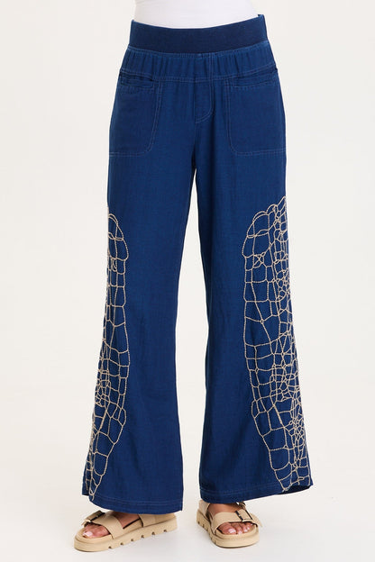 Mock-Denim Embroidered Wide-Leg Pull-On Waist Bonello Pants Sluice Wash - XCVI