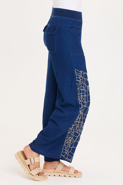 Mock-Denim Embroidered Wide-Leg Pull-On Waist Bonello Pants Sluice Wash - XCVI