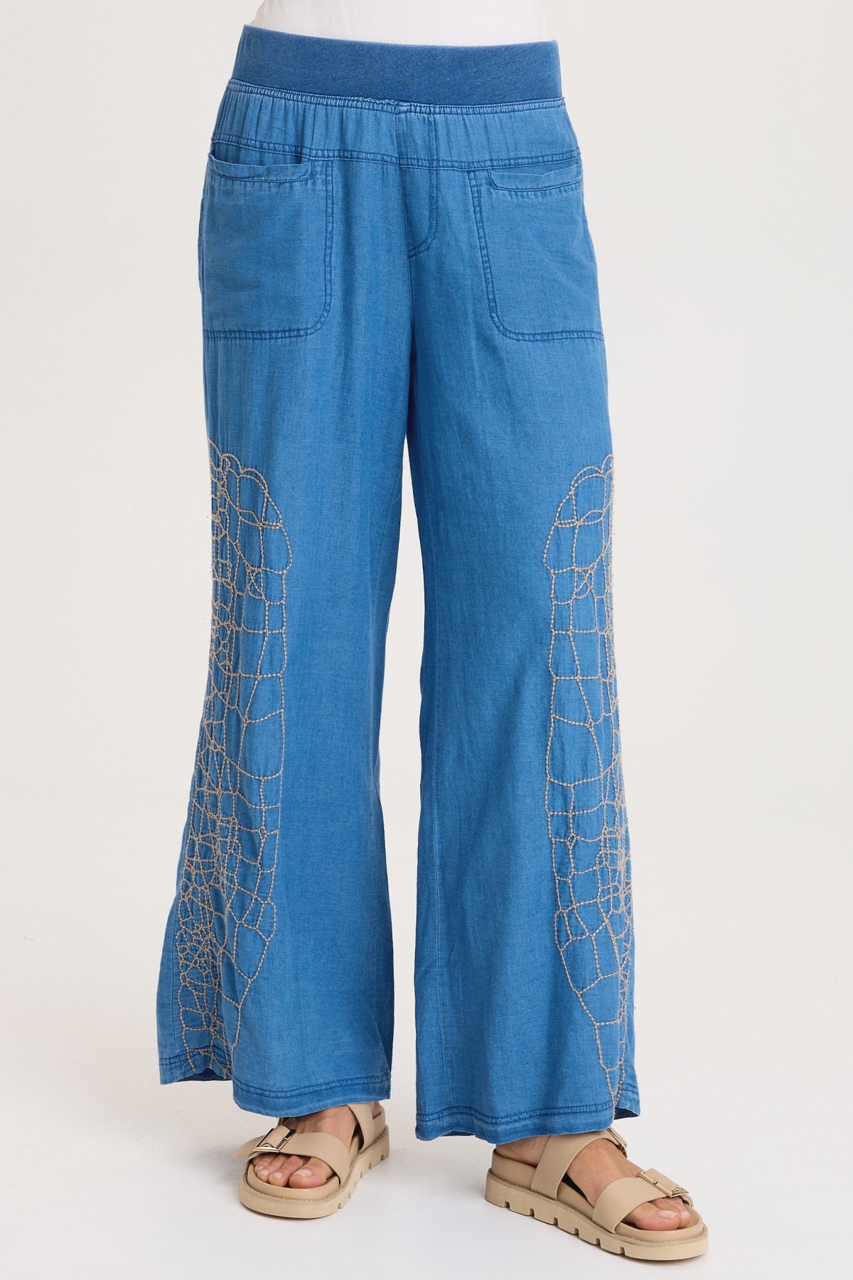 Mock-Denim Embroidered Wide-Leg Pull-On Waist Bonello Pants Etiolate Wash - XCVI