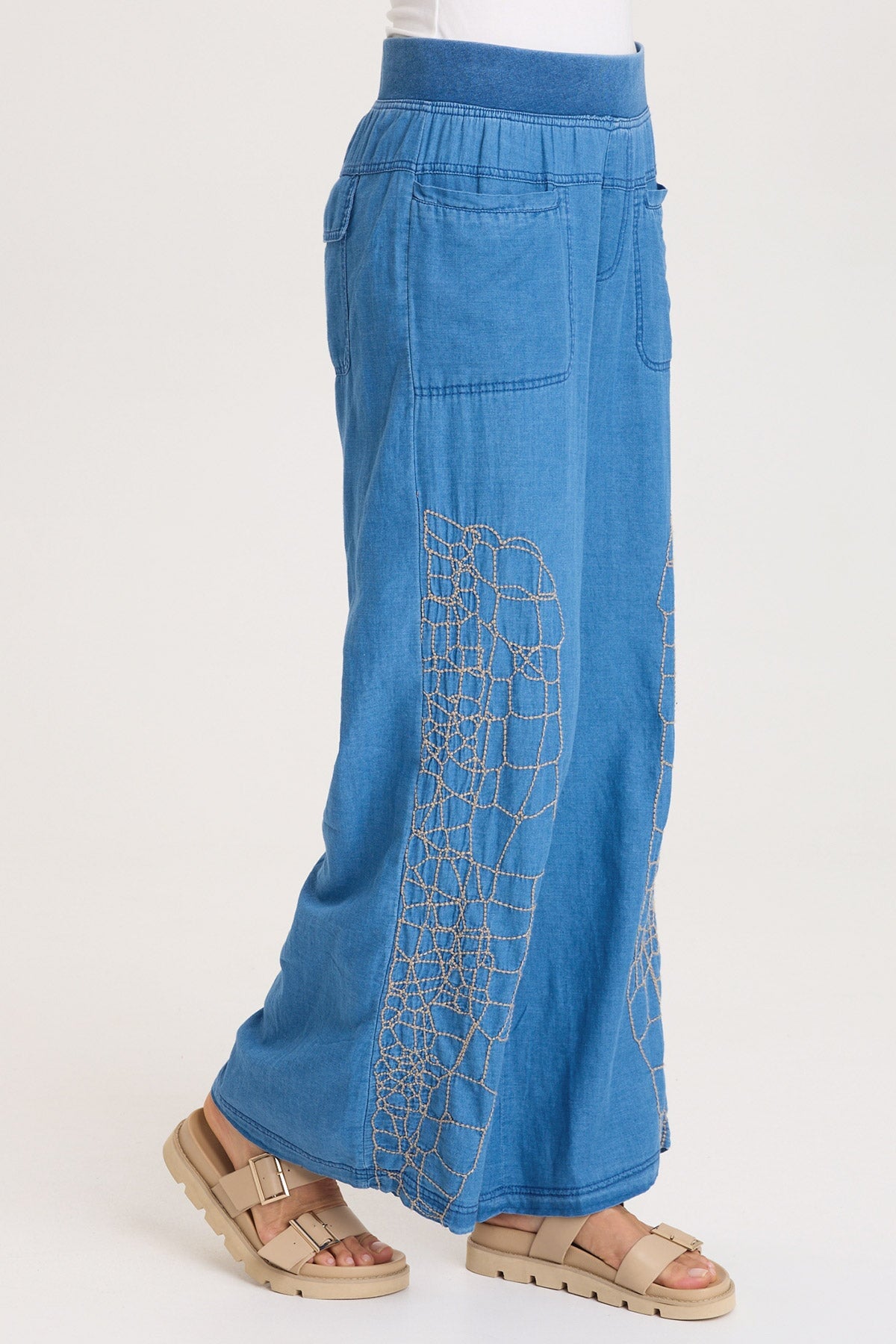 Mock-Denim Embroidered Wide-Leg Pull-On Waist Bonello Pants Etiolate Wash - XCVI