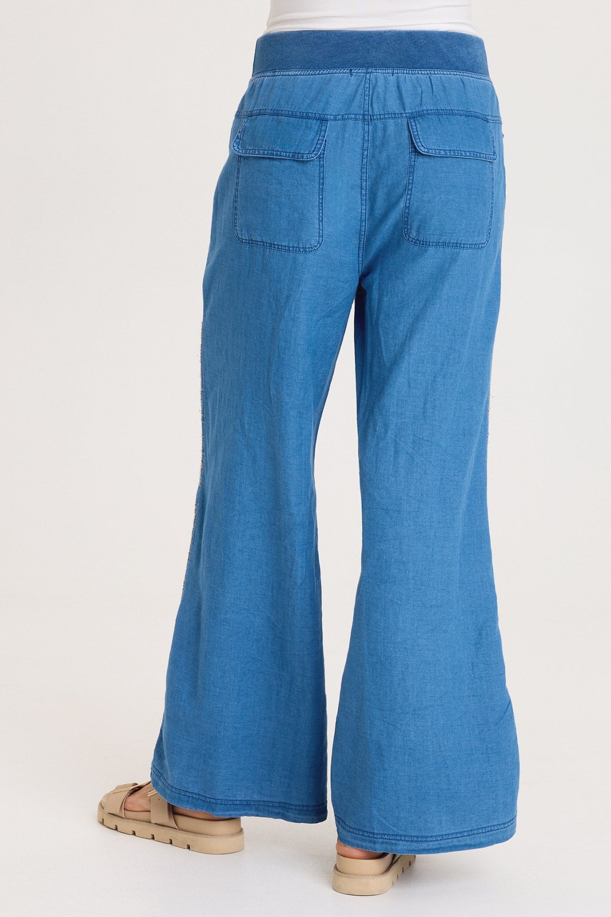 Mock-Denim Embroidered Wide-Leg Pull-On Waist Bonello Pants Etiolate Wash - XCVI