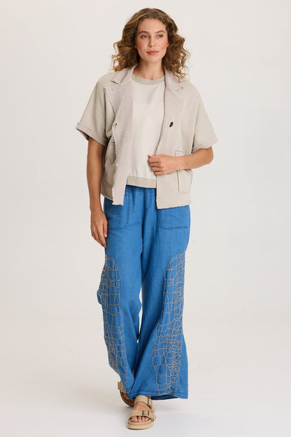 Mock-Denim Embroidered Wide-Leg Pull-On Waist Bonello Pants Etiolate Wash - XCVI