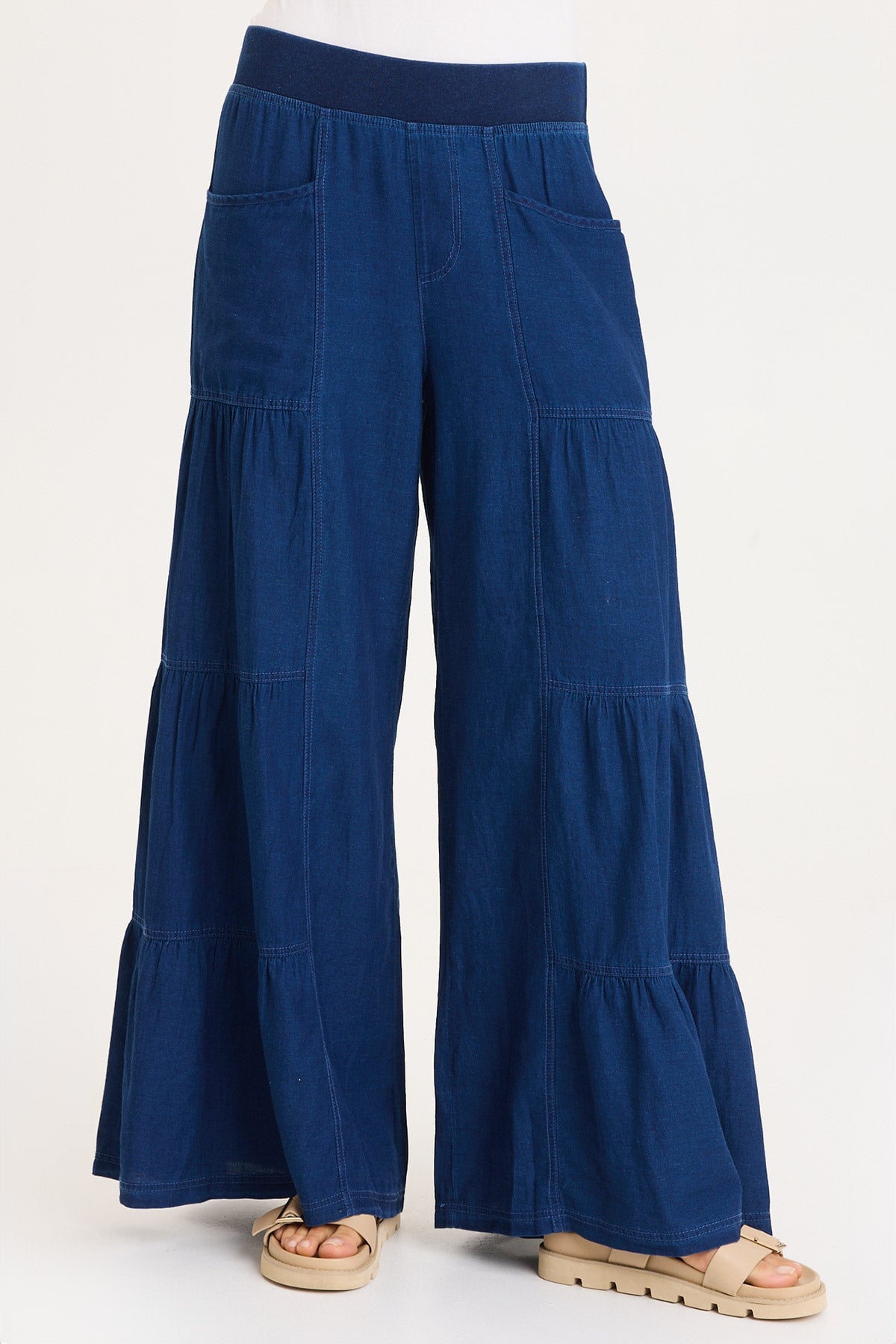 Mock-Denim Side Tiered Pull-On Waist Wide Leg Dugan Pant Sluice Wash - XCVI
