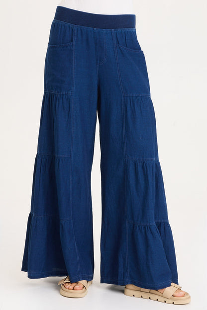 Mock-Denim Side Tiered Pull-On Waist Wide Leg Dugan Pant Sluice Wash - XCVI