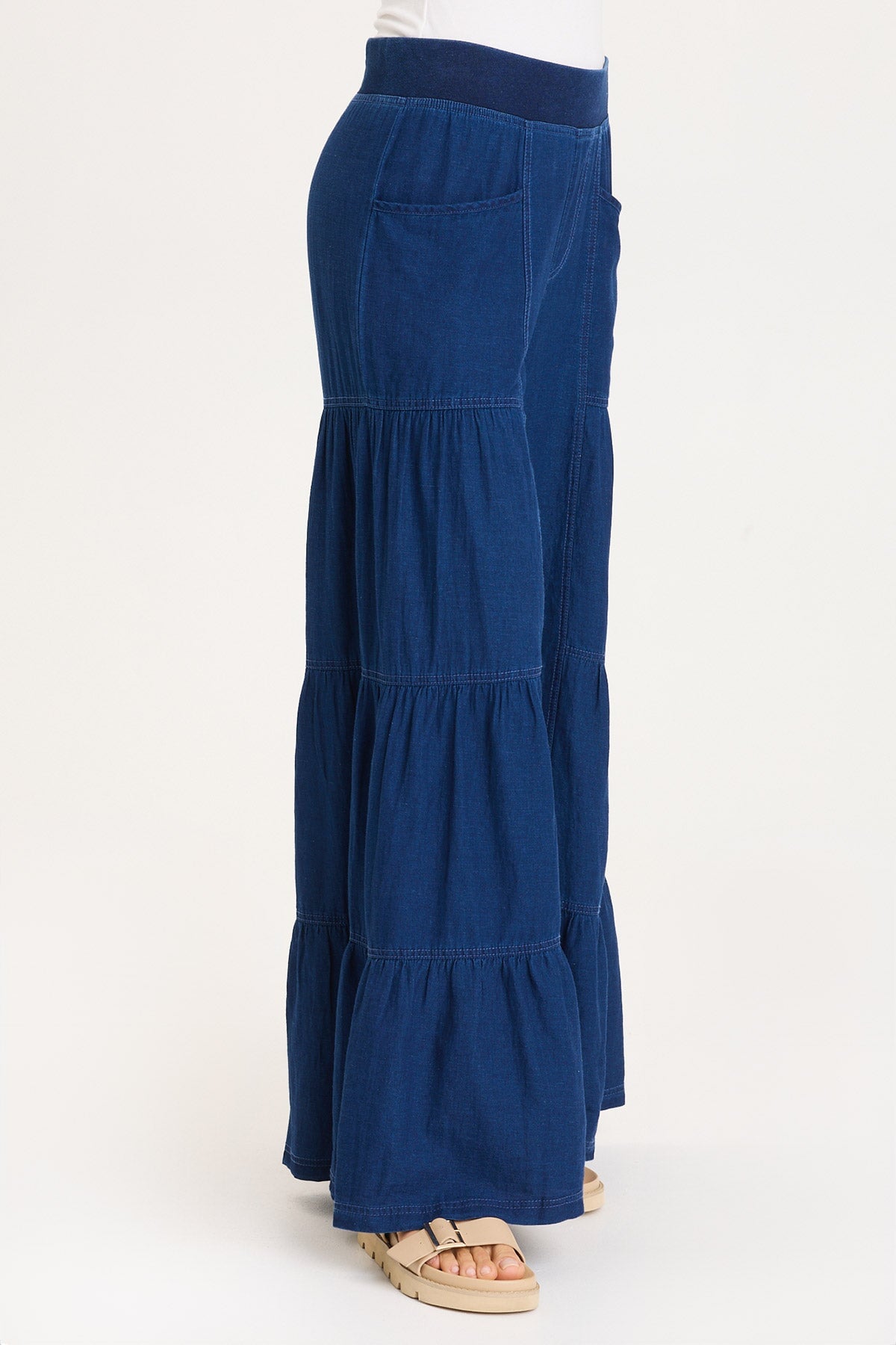 Mock-Denim Side Tiered Pull-On Waist Wide Leg Dugan Pant Sluice Wash - XCVI