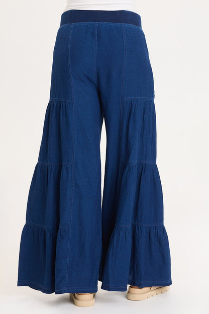 Mock-Denim Side Tiered Pull-On Waist Wide Leg Dugan Pant Sluice Wash - XCVI