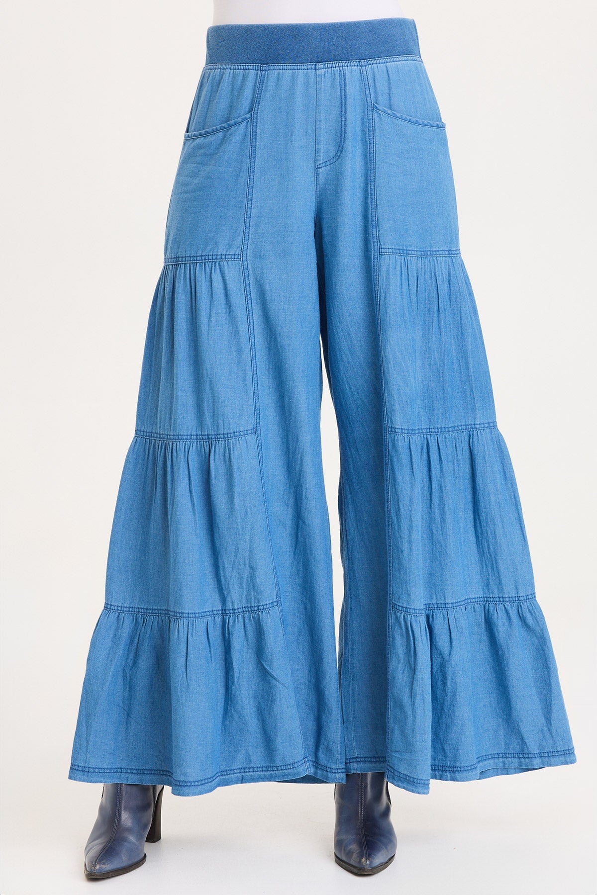 Mock-Denim Side Tiered Pull-On Waist Wide Leg Dugan Pant Etiolate Wash - XCVI