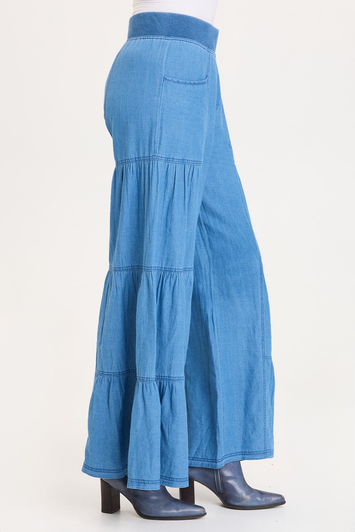 Mock-Denim Side Tiered Pull-On Waist Wide Leg Dugan Pant Etiolate Wash - XCVI