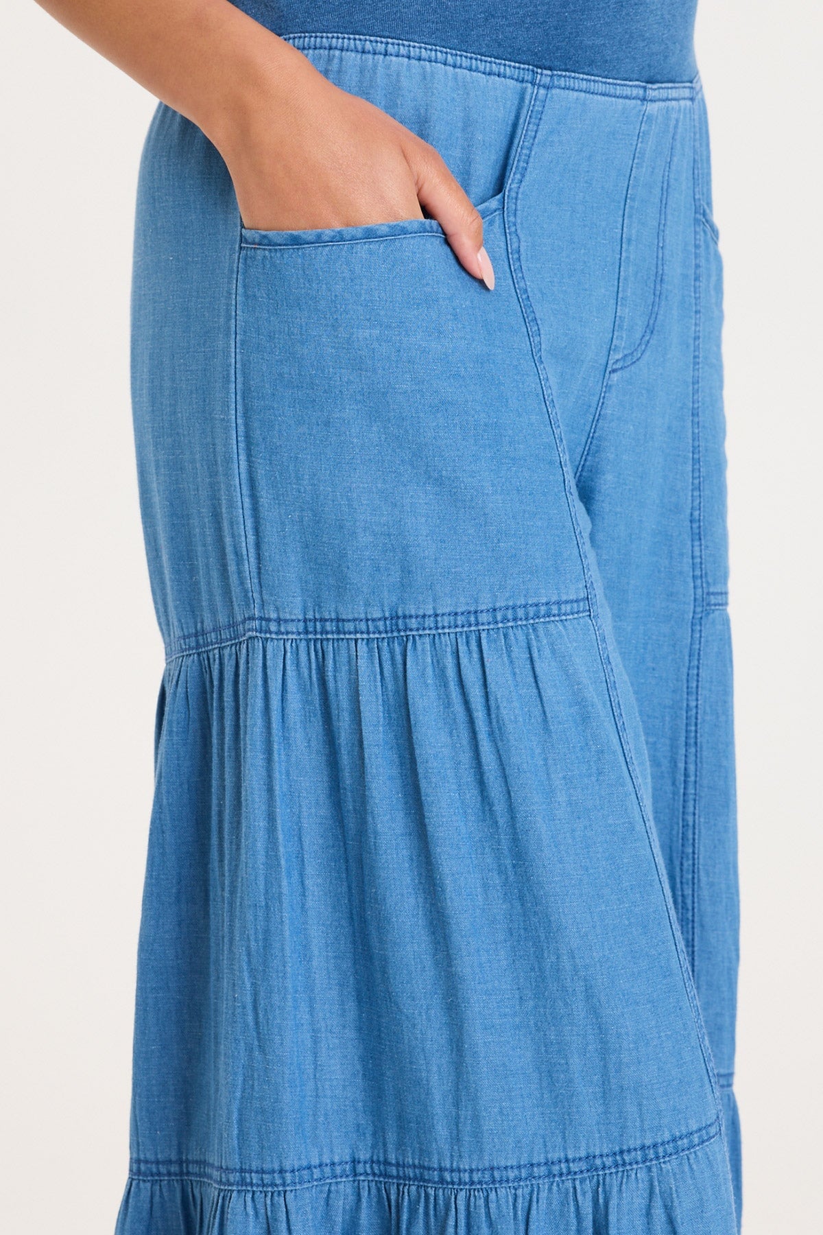 Mock-Denim Side Tiered Pull-On Waist Wide Leg Dugan Pant Etiolate Wash - XCVI