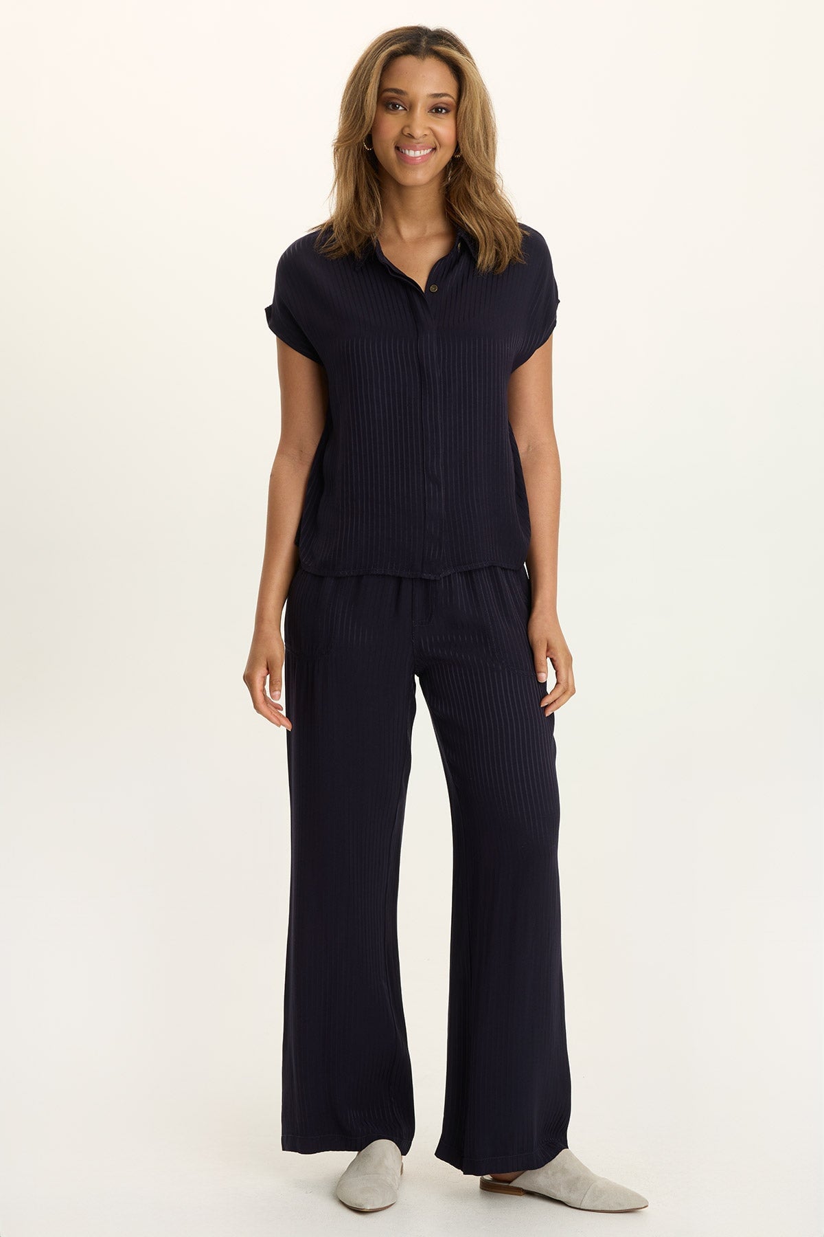 Wearables Harmon Satin Stripe Wide-Leg Navy - XCVI