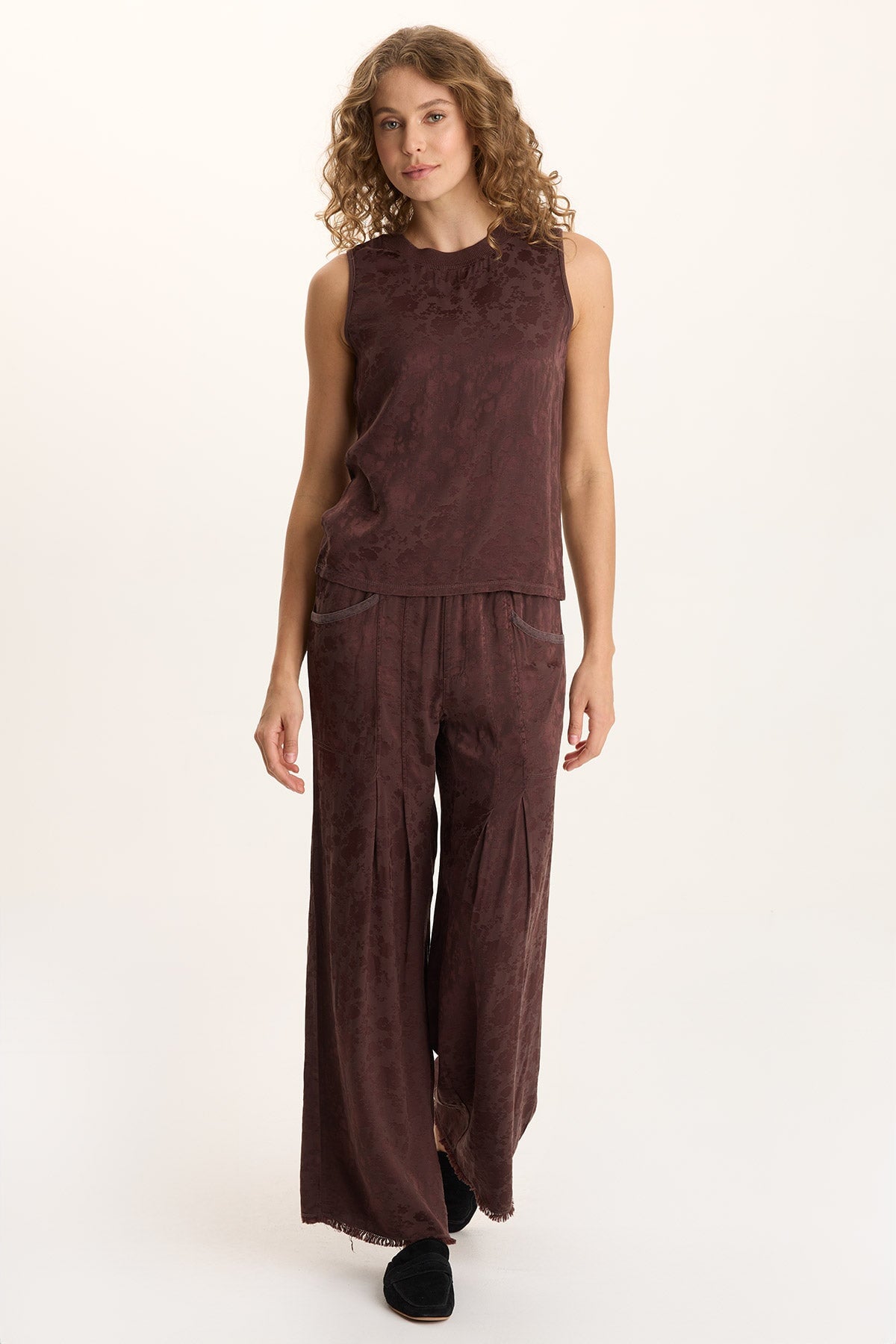Twaina Textured Satin Pull-On Wide-Leg Pant Bistro Pigment - XCVI