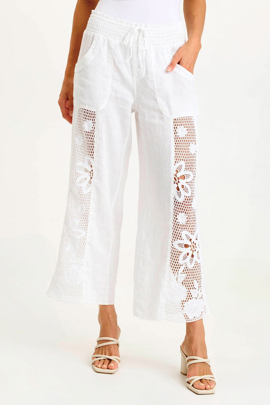 Rokel Linen/Crochet Breezy Wide Leg Pant White - XCVI