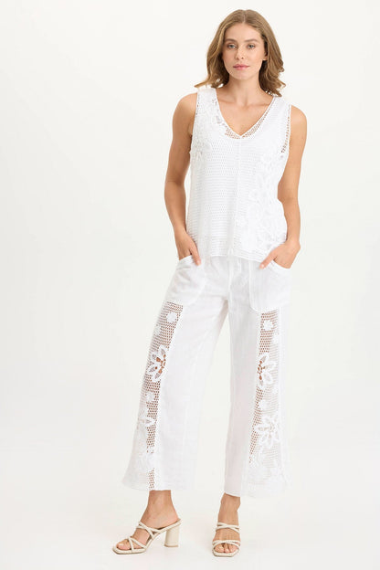 Rokel Linen/Crochet Breezy Wide Leg Pant White - XCVI