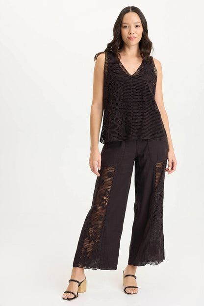 Rokel Crochet Breezy Wide Leg Pant Black - XCVI
