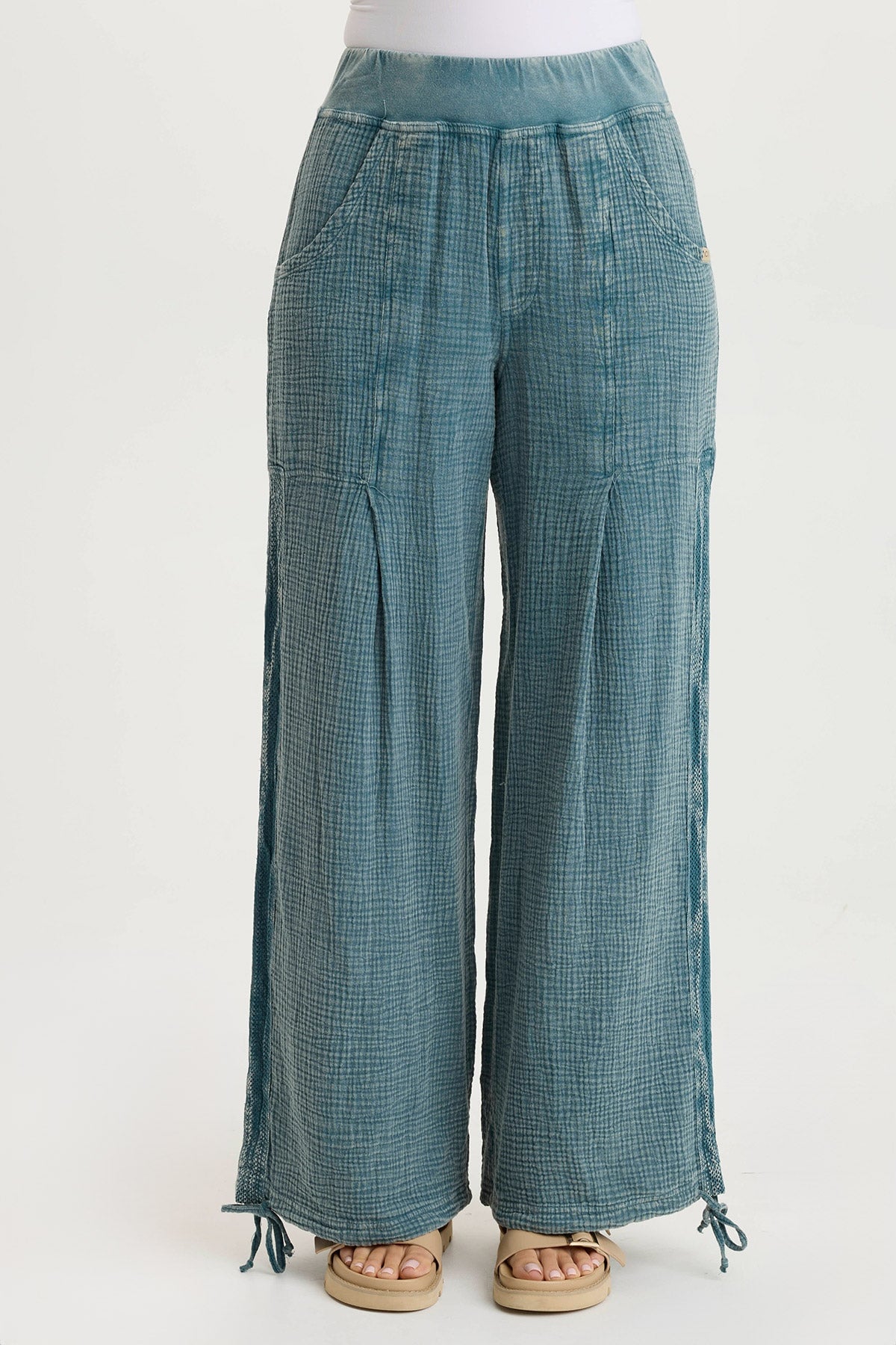 Lenka Wide-Leg Breathable Cinched Gauze Pant Distress Wash Tideworn - XCVI