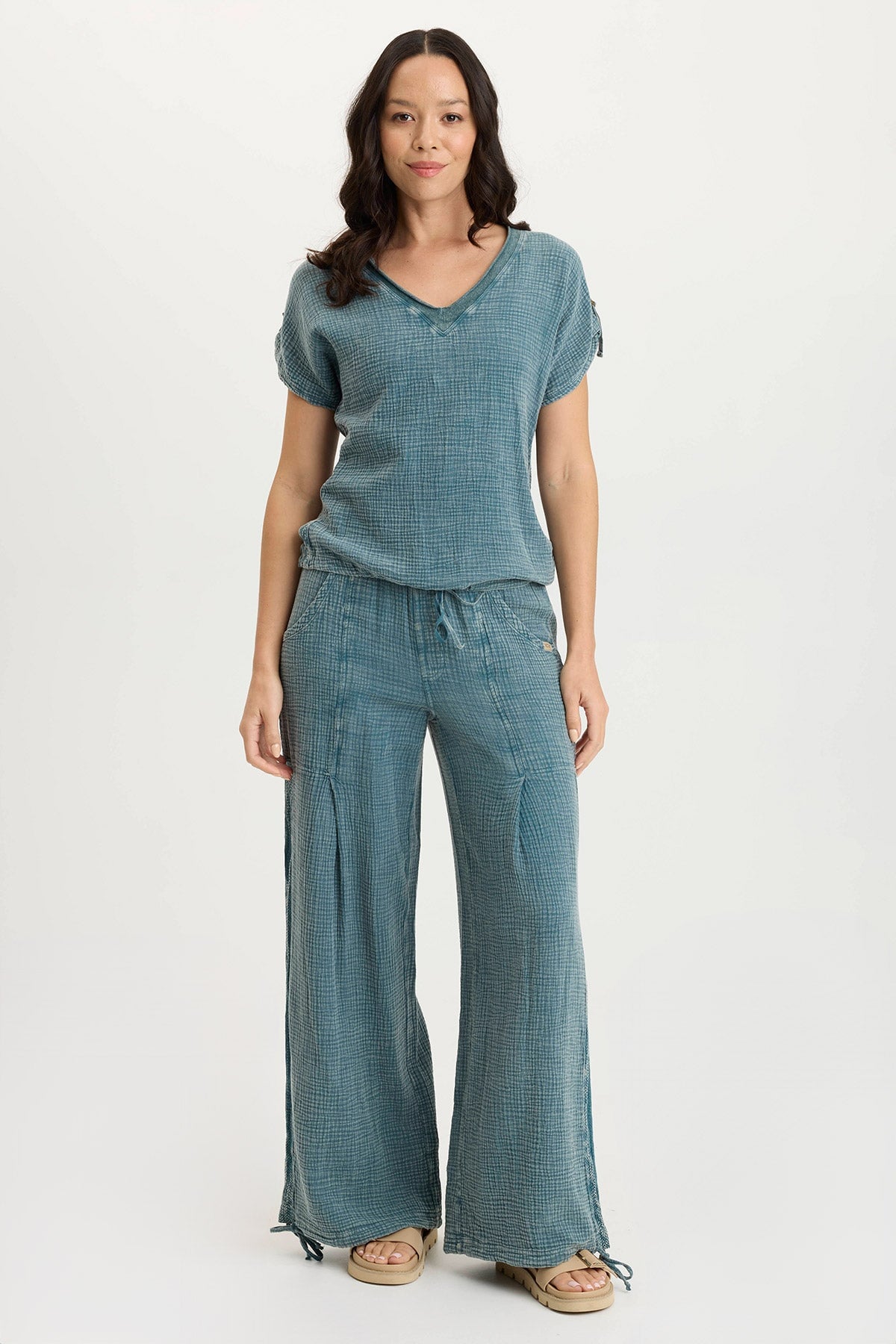 Lenka Wide-Leg Breathable Cinched Gauze Pant Distress Wash Tideworn - XCVI
