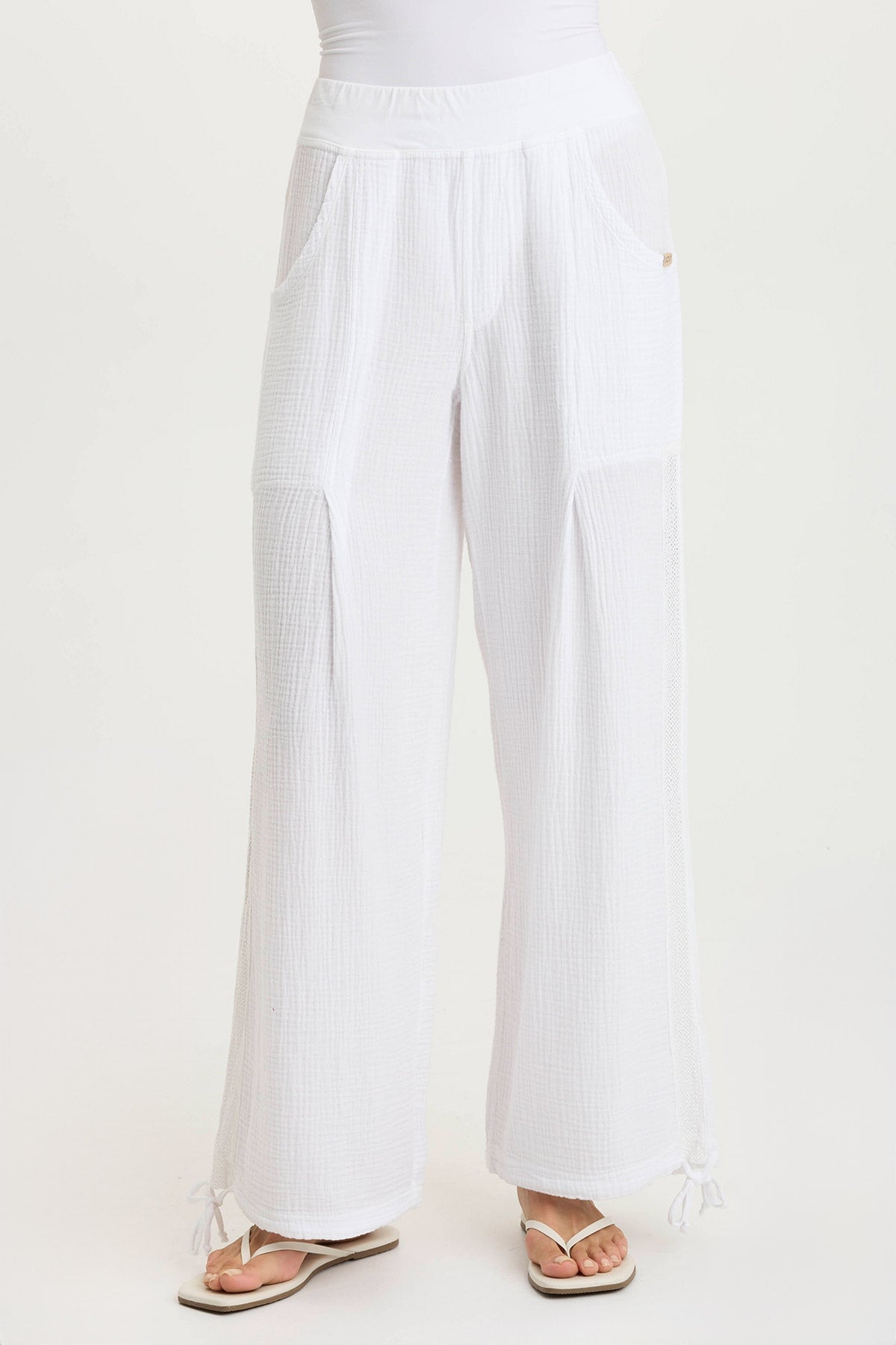 Lenka Wide-Leg Breathable Cinched Gauze Pant White - XCVI