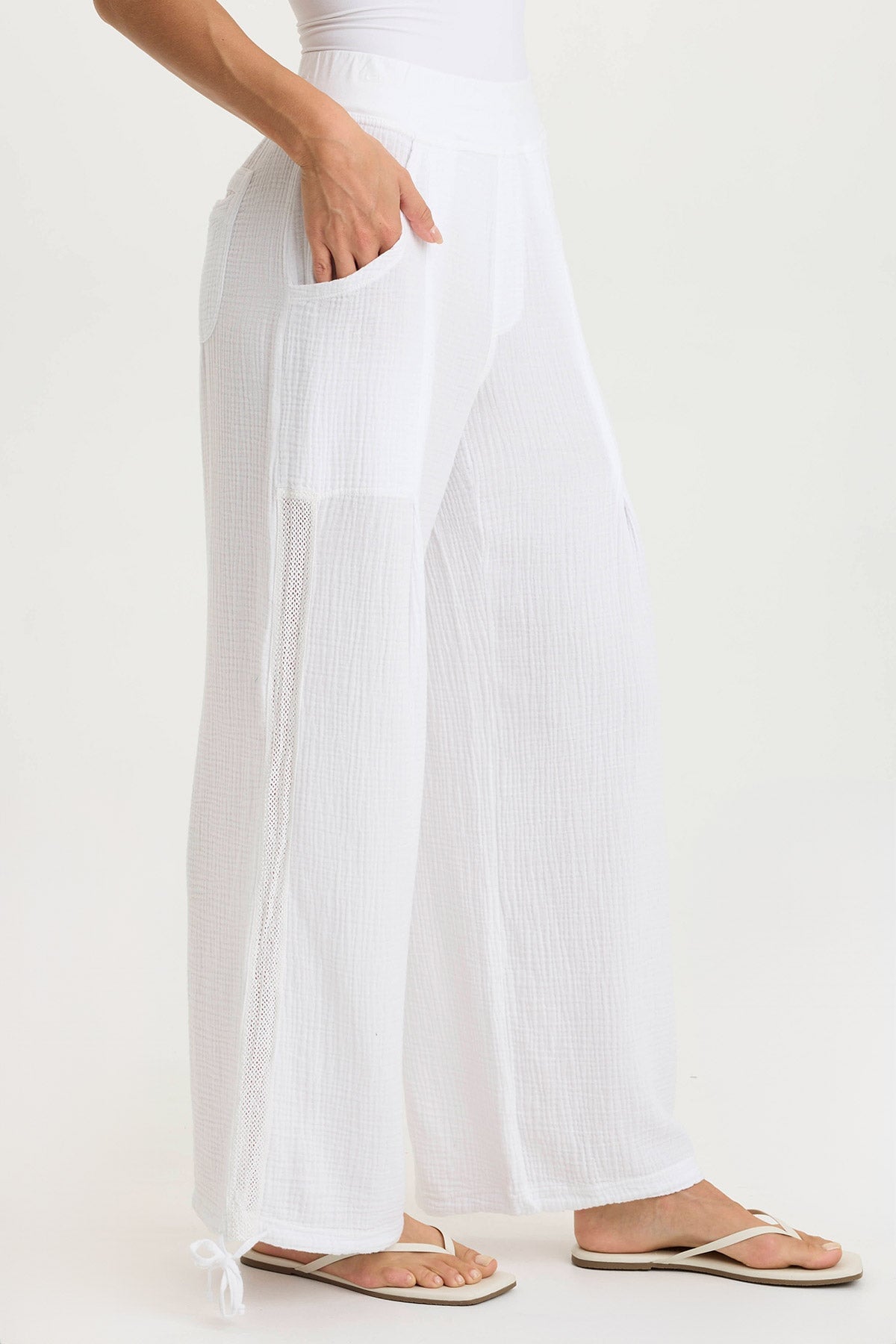 Lenka Wide-Leg Breathable Cinched Gauze Pant White - XCVI