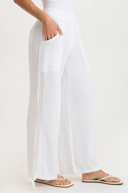 Lenka Wide-Leg Breathable Cinched Gauze Pant White - XCVI