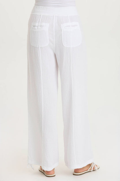 Lenka Wide-Leg Breathable Cinched Gauze Pant White - XCVI