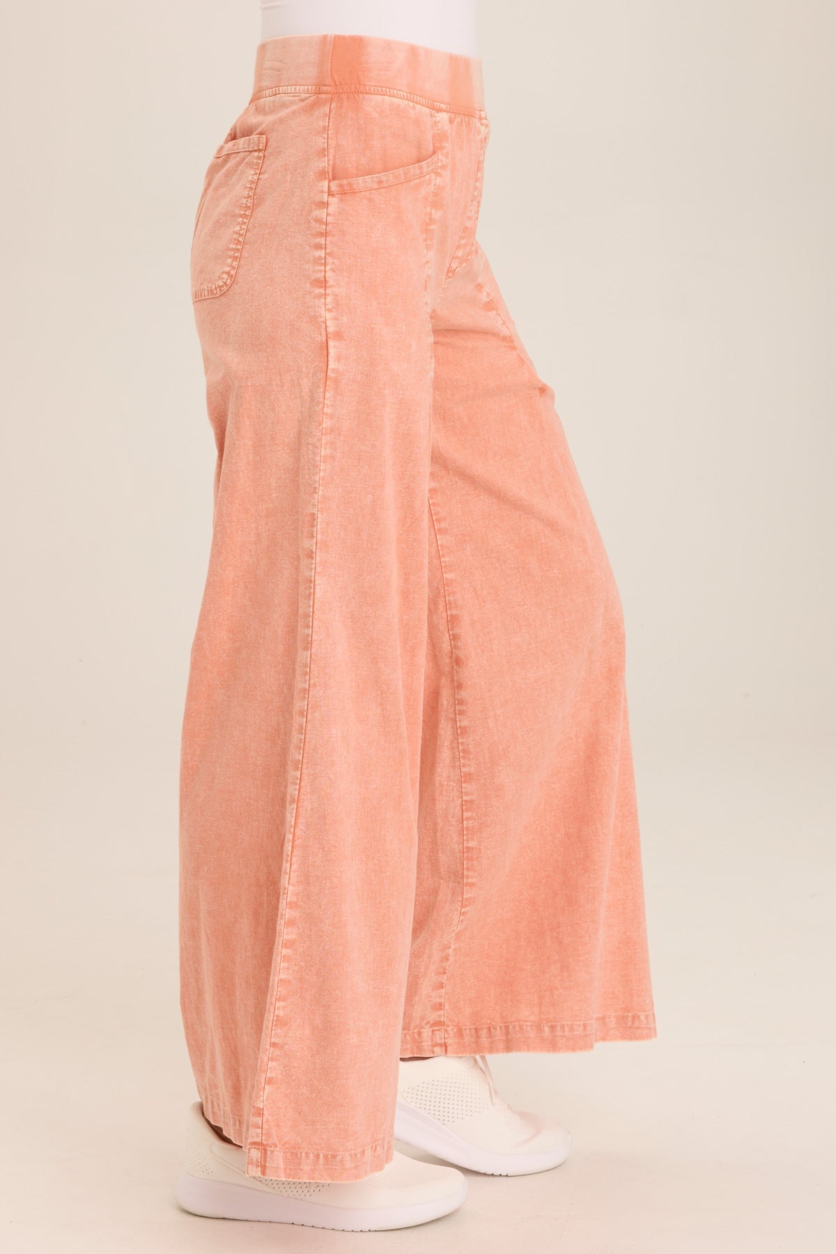 Wearables Terri Wide Leg High-Waist Pant in cotton linen with center leg pleats and inseam pockets in Orange Distress Wash Afterglow - XCVI