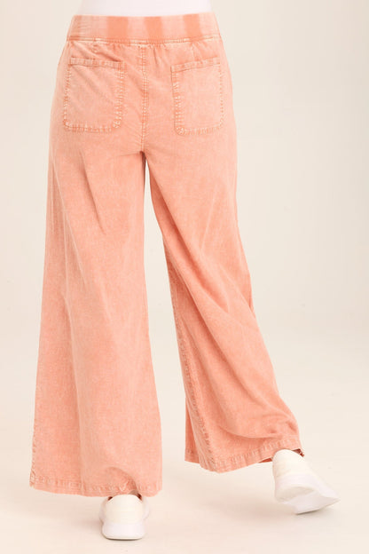 Wearables Terri Wide Leg High-Waist Pant in cotton linen with center leg pleats and inseam pockets in Orange Distress Wash Afterglow - XCVI