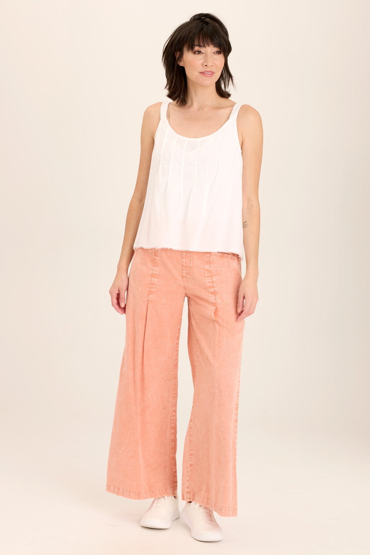 Wearables Terri Wide Leg High-Waist Pant in cotton linen with center leg pleats and inseam pockets in Orange Distress Wash Afterglow - XCVI