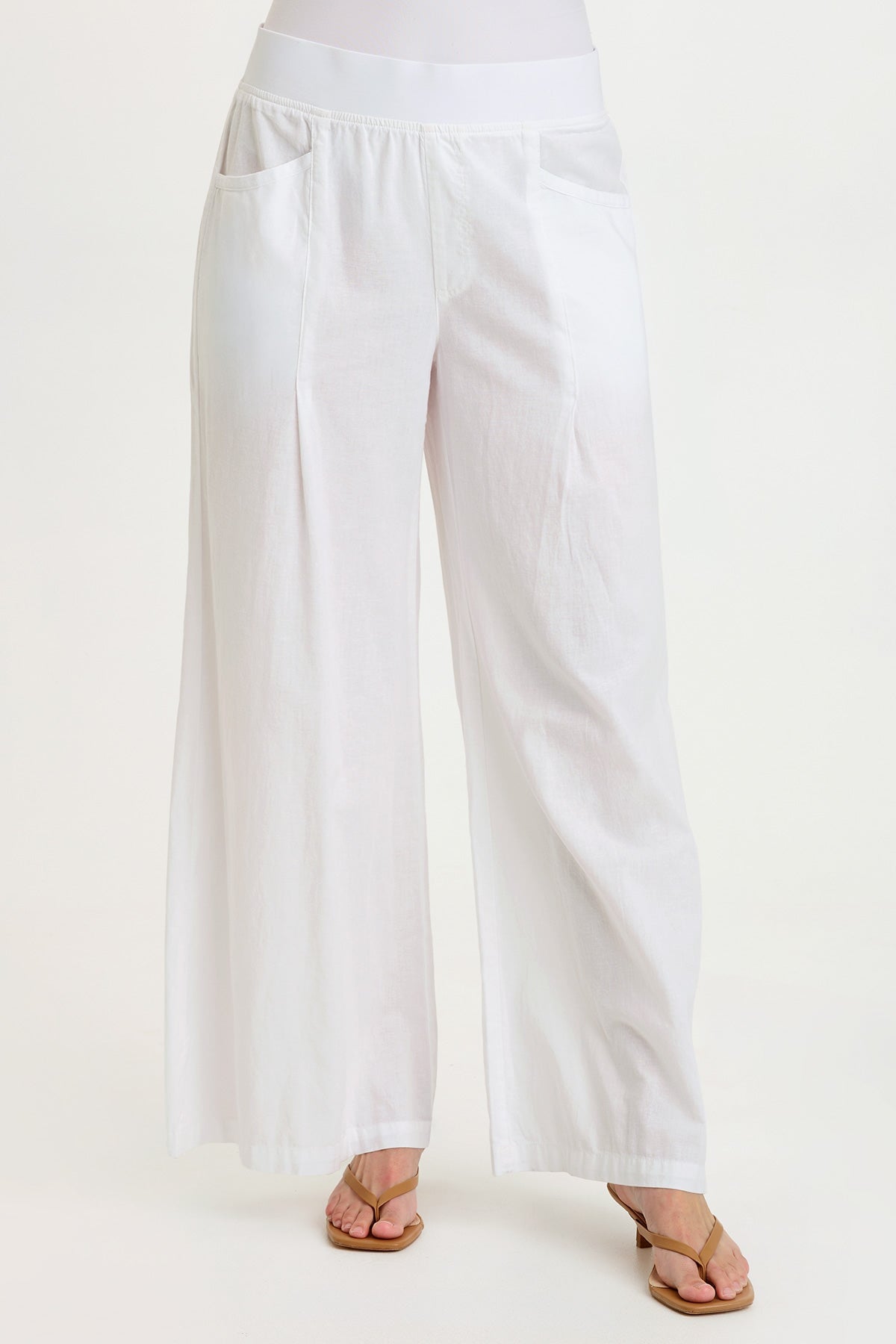 Wearables Terri Wide Leg High-Waist Pant in cotton linen with center leg pleats and inseam pockets in White White - XCVI