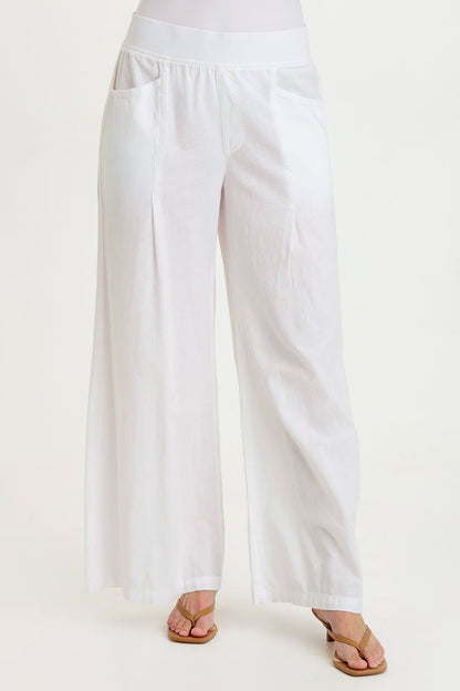 Wearables Terri Wide Leg High-Waist Pant in cotton linen with center leg pleats and inseam pockets in White White - XCVI
