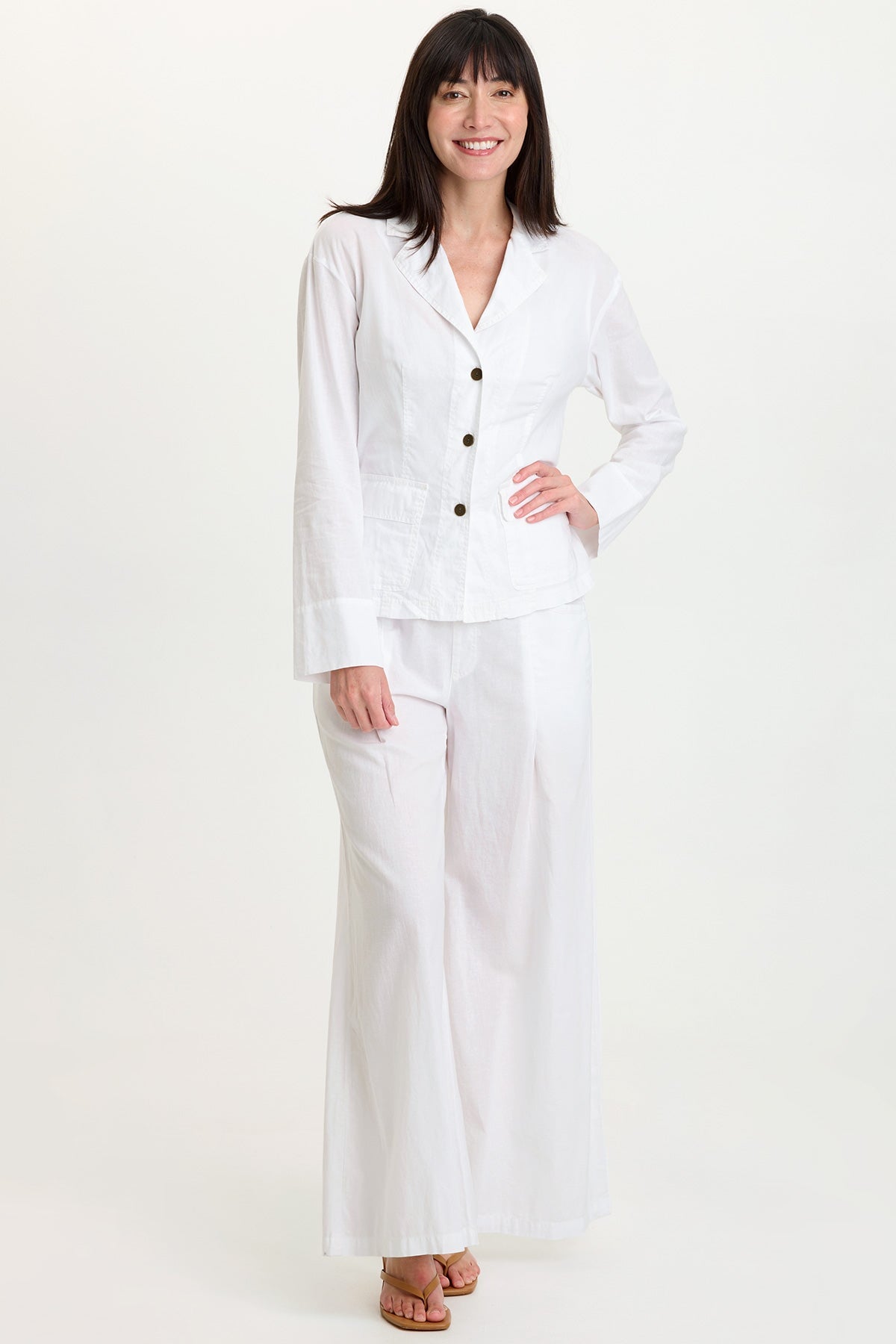 Wearables Terri Wide Leg High-Waist Pant in cotton linen with center leg pleats and inseam pockets in White White - XCVI