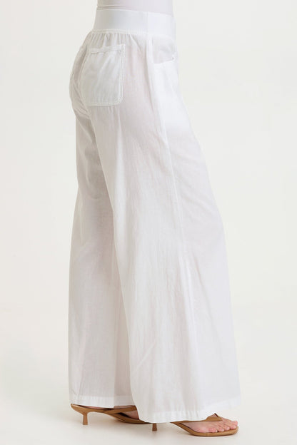Wearables Terri Wide Leg High-Waist Pant in cotton linen with center leg pleats and inseam pockets in White White - XCVI