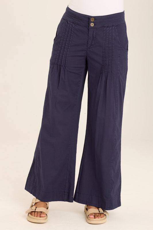 Wearables Rebecca Stretch Poplin Pleated Pant trouser with zipper + button closure in Blue Navy - XCVI