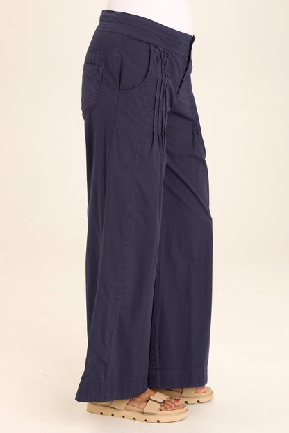 Wearables Rebecca Stretch Poplin Pleated Pant trouser with zipper + button closure in Blue Navy - XCVI